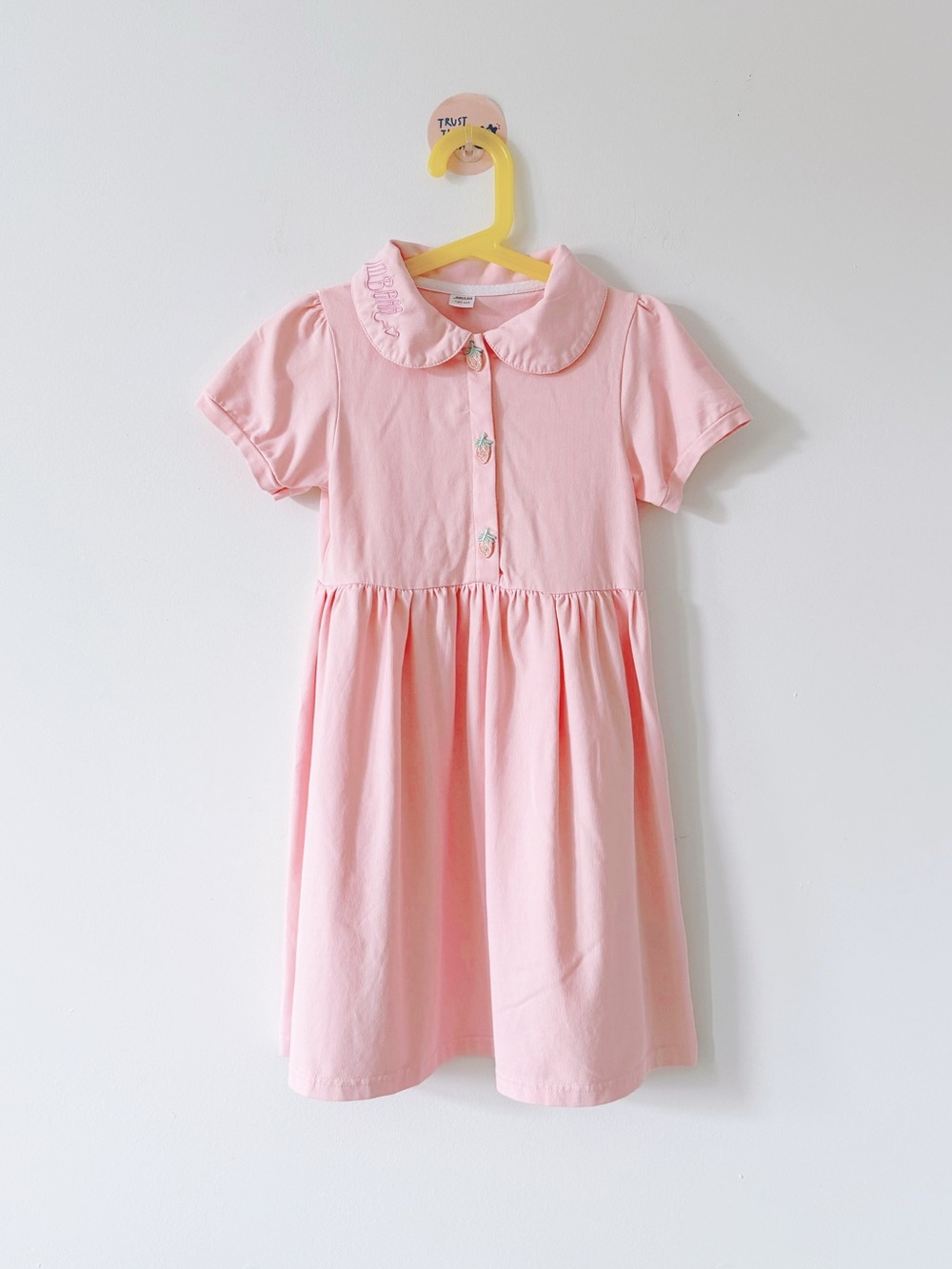JMBEAR Pink Short Sleeve Polo Dress Strawberry Buttons Collar Embroidery 5T 120